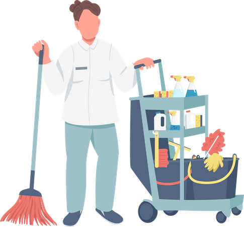 Limpiador con suministros de limpieza.  Ilustración