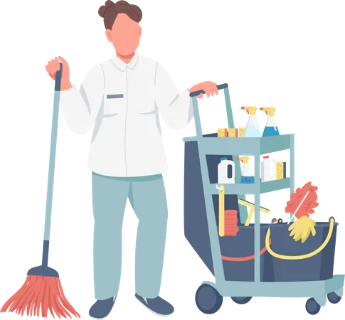 Limpiador con suministros de limpieza.  Ilustración