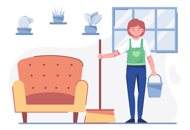 Limpiador de casa con escoba  Ilustración