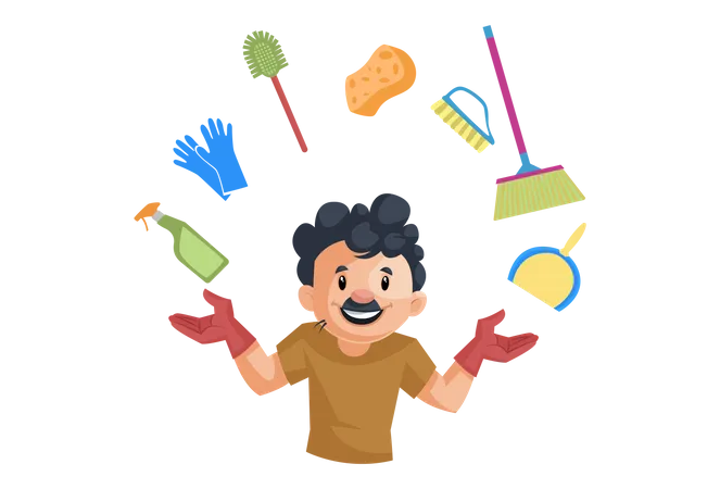 Limpiador indio con equipo de limpieza  Ilustración