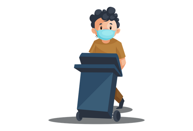 Limpiador indio empujando el cubo de basura  Ilustración