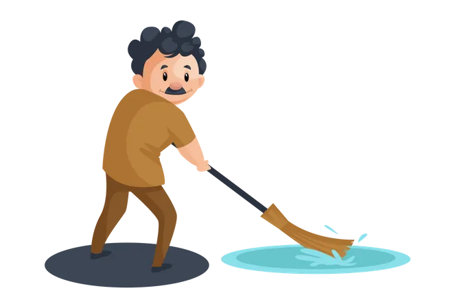 Limpiador indio limpiando agua con trapeador  Ilustración