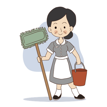 Limpiadora femenina con trapeador y balde  Ilustración
