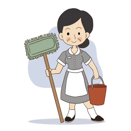Limpiadora femenina con trapeador y balde  Ilustración