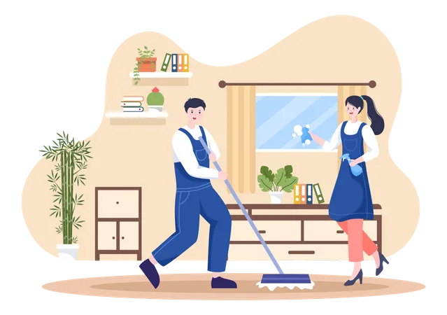 Los limpiadores de la casa limpian el polvo y barren el piso.  Ilustración