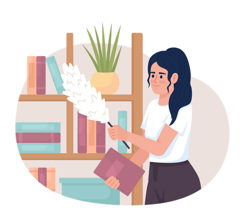 Limpiar el polvo de estanterías y libros.  Ilustración