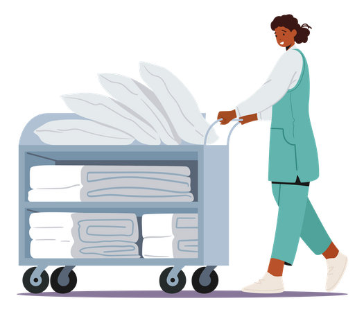 Servicio de limpieza de hotel con carrito de toallas.  Ilustración