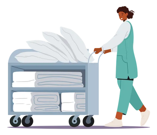 Servicio de limpieza de hotel con carrito de toallas.  Ilustración