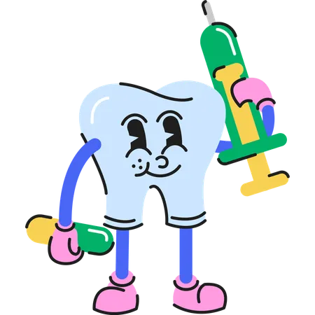 Carácter de cuidado dental con cápsula y jeringa.  Ilustración