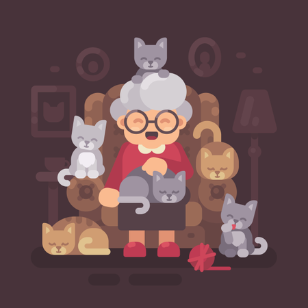 Linda abuela sentada en un sillón con sus gatos  Ilustración