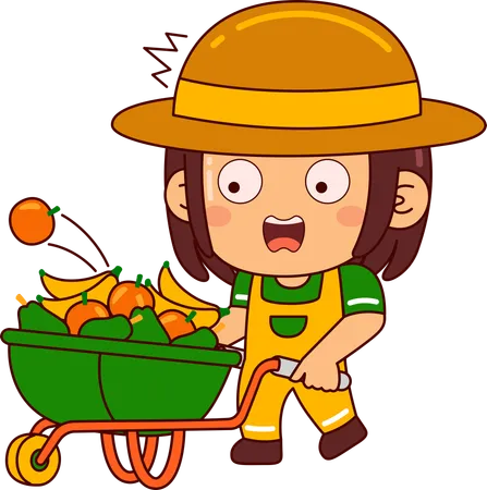 Linda garota agricultora com balde de frutas  Ilustração