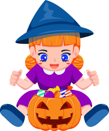 Linda brujita con calabazas llenas de dulces para las vacaciones de Halloween  Ilustración