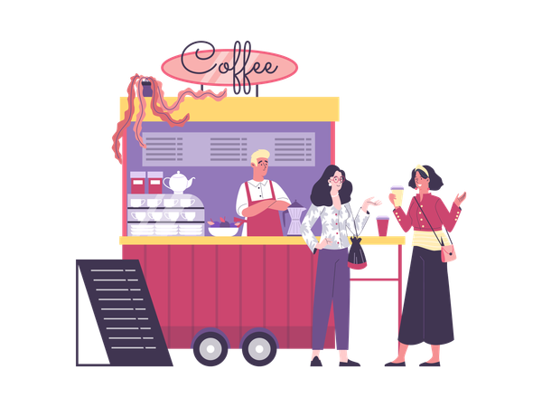 Lindo joven vendedor de camioneta de café  Illustration