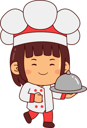 Linda chica chef sosteniendo cocina  Ilustración