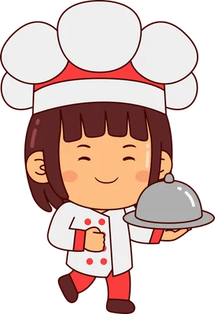 Linda chica chef sosteniendo cocina  Ilustración