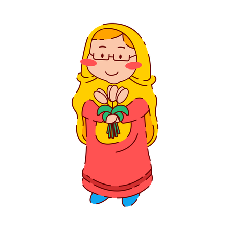 Linda garota muçulmana chibi segurando flores  Ilustração