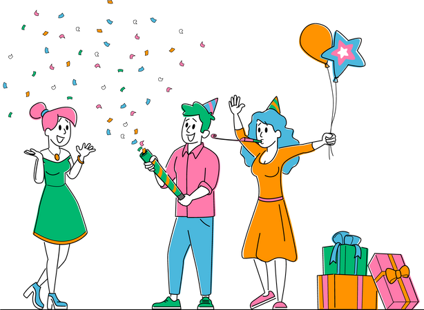 Linda chica alegre asombrada con la fiesta sorpresa de sus amigos por su cumpleaños  Ilustración
