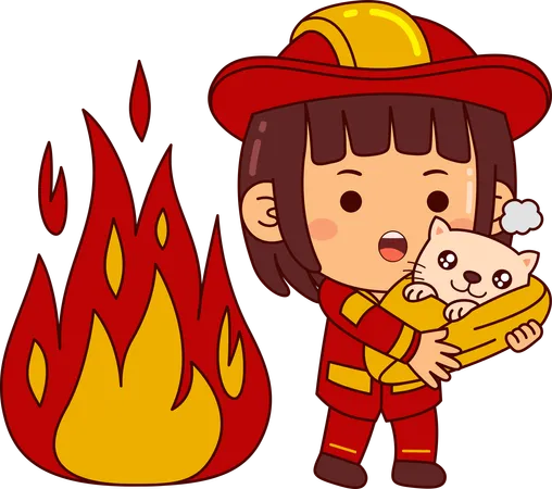 Linda chica bombero rescata animal del fuego  Ilustración