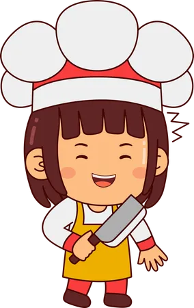 Linda chica chef sosteniendo cuchillo de carnicero  Ilustración