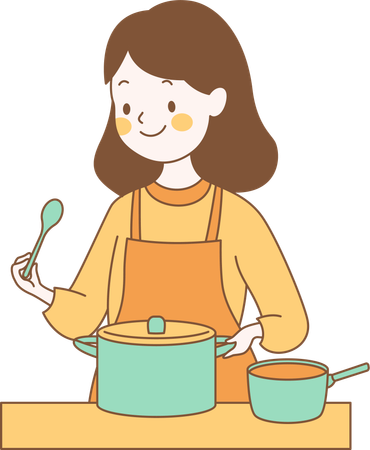 Linda chica está cocinando con una sartén en la cocina  Ilustración