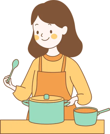 Linda chica está cocinando con una sartén en la cocina  Ilustración