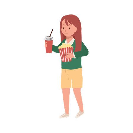 Linda chica con un balde de palomitas de maíz y un vaso de refresco  Ilustración