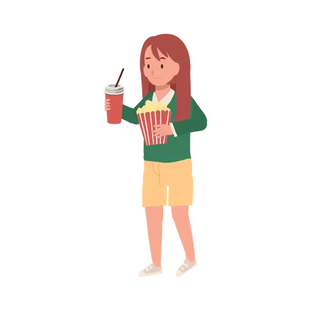 Linda chica con un balde de palomitas de maíz y un vaso de refresco  Ilustración