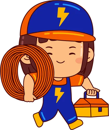 Linda chica electricista sosteniendo caja de herramientas y paquete de cables  Ilustración