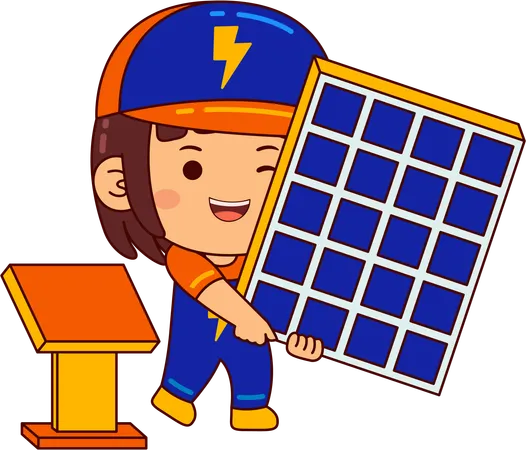 Linda chica electricista sosteniendo panel solar  Ilustración