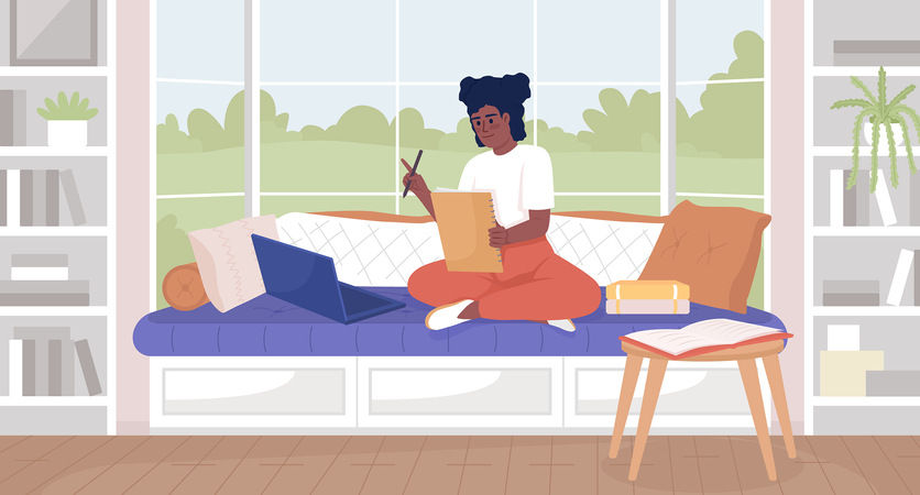 Linda chica escribiendo tarea en casa en el sofá  Ilustración