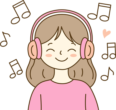 Linda chica escuchando música con auriculares  Ilustración