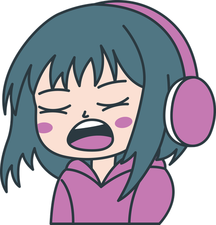 Linda chica gamer personaje de dibujos animados de anime usando auriculares mientras canta  Ilustración