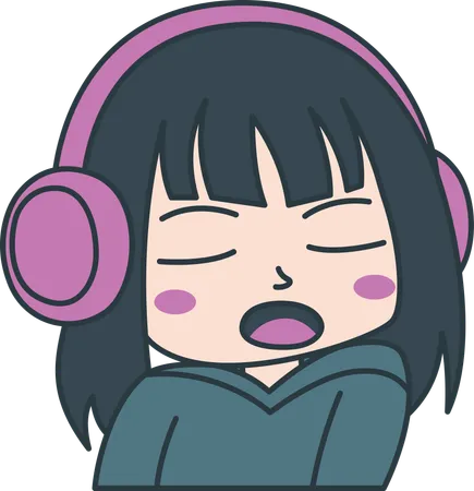 Linda chica gamer personaje de dibujos animados de anime usando auriculares mientras canta  Ilustración