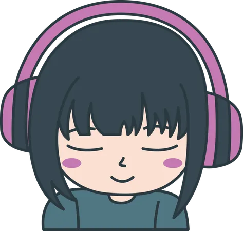 Linda chica gamer personaje de dibujos animados de anime con auriculares y expresión triste  Ilustración