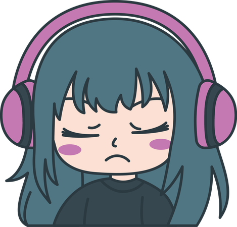 Linda chica gamer personaje de dibujos animados de anime con auriculares y expresión triste  Ilustración