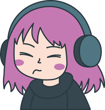 Linda chica gamer personaje de dibujos animados de anime con auriculares y expresión triste  Illustration