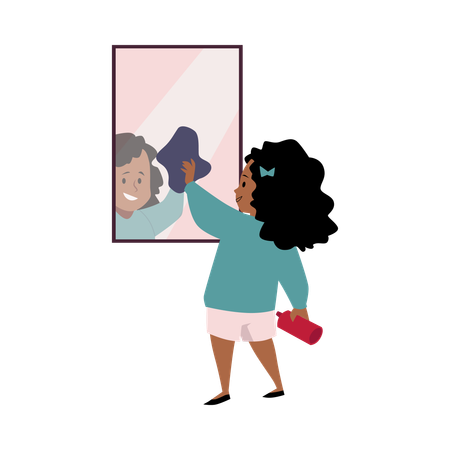 Linda chica limpiando espejo  Ilustración