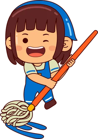 Linda chica limpiando el piso usando un trapeador  Ilustración