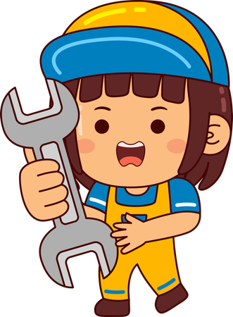 Linda chica mecánica sosteniendo una llave  Ilustración