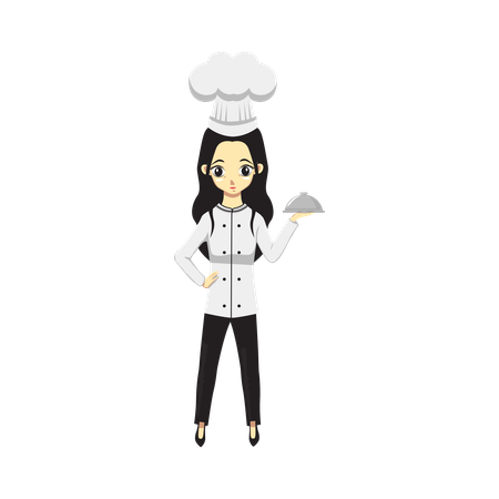 Linda chica profesional chef sosteniendo plato  Ilustración