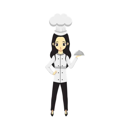 Linda chica profesional chef sosteniendo plato  Ilustración