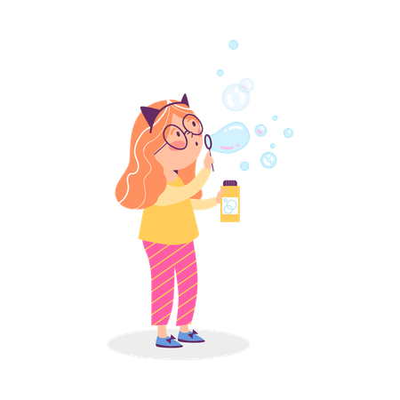 Linda chica sopla pompas de jabón  Ilustración