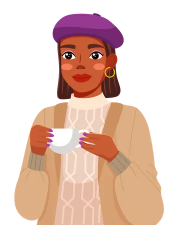 Retrato De Una Joven Negra Con Boina Lila Y Sueter Linda Chica Sonriente Sosteniendo Una Taza De Te O Cafe En Sus Manos Personaje Femenino Bastante Positivo Estudiante O Empresaria Bloguera De Belleza Ilustración