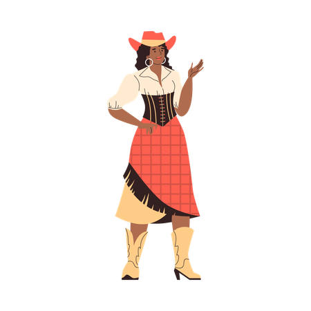 Linda cowgirl levantou a mão enquanto se vestia no estilo retrô do velho oeste  Ilustração
