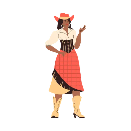 Linda cowgirl levantou a mão enquanto se vestia no estilo retrô do velho oeste  Ilustração