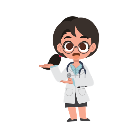 Linda caricatura de doctora dando la bienvenida con gesto de la mano en uniforme médico.  Illustration