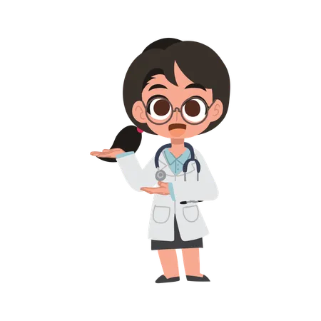 Linda caricatura de doctora dando la bienvenida con gesto de la mano en uniforme médico.  Illustration