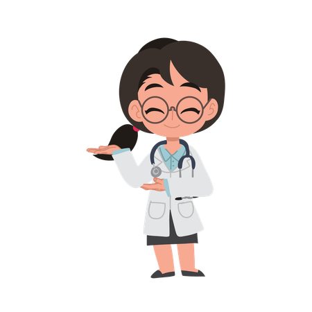 Linda caricatura de doctora dando la bienvenida con gesto de mano en uniforme médico  Illustration