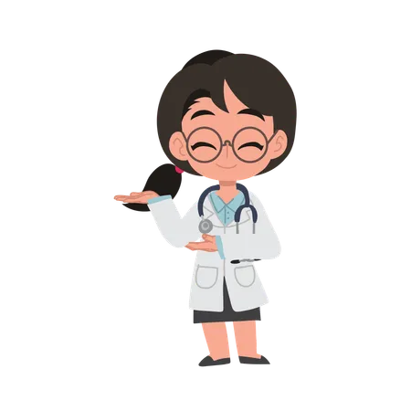 Linda caricatura de doctora dando la bienvenida con gesto de mano en uniforme médico  Illustration