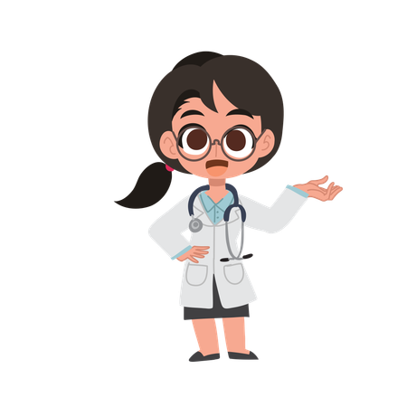 Linda caricatura de doctora dando la bienvenida con gesto de mano en uniforme médico  Illustration